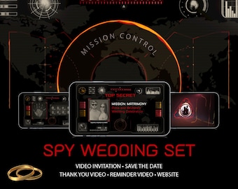 Spy Wedding Invitation Video Suite – Red/Black Digital Mission Brief. 4 Videos: Save the Date, Invitation, Reminder, Thank You +  Website