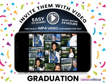 Convite de formatura em vídeo com fotos — convite digital MP4, texto ou e-mail para festa de formatura, formatura do ensino médio ou faculdade, cores personalizadas