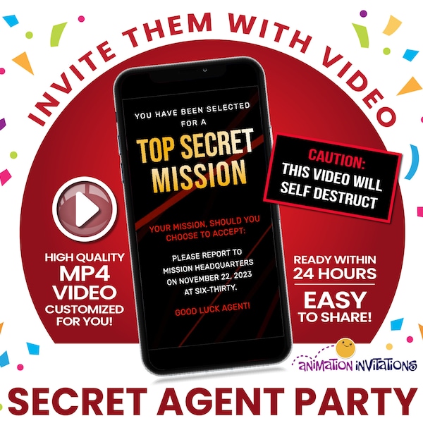 Spy Party Video Invitation. Mission Impossible or 007 Secret Agent Invite with Top Secret Mission, Red Spy Lasers & Self Destruct Explosion.