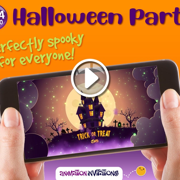 Kinder Halloween Party Einladung | Mond, Fledermäuse, Kürbisse, Hexen, Gebräu | Halloween Party Video Einladung | Gruselige digitale Einladung