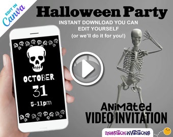 DIY Dancing Skeleton Halloween Party Invitation Video | Skull and Bones Halloween Invitation | Black and White Halloween | Edit in Canva!