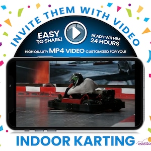 Zaproszenie na wideo wyścigi gokartów | Impreza na torze wyścigowym w pomieszczeniu lub na zewnątrz | Cyfrowe MP4 na urodziny kartingowe | Możliwość dodania własnych klipów wideo