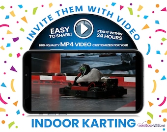 Convite em vídeo para corrida de kart | Festa em pista de corrida interna ou externa | MP4 digital para aniversário de kart | Opção de adicionar seus próprios videoclipes