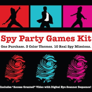 May include: A graphic for a "Spy Party Games Kit" with a black background. The top features three colored squares with silhouettes. The text reads "Spy Party Games Kit" and "One Purchase. 3 Color Themes. 10 Real Spy Missions." Below are three fingerprint designs.