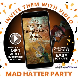 Creepy Mad Hatter Halloween Party Invitation. Spooky Halloween Wonderland Video Invitation. Twisted Tea Time Digital MP4 Phone Invite