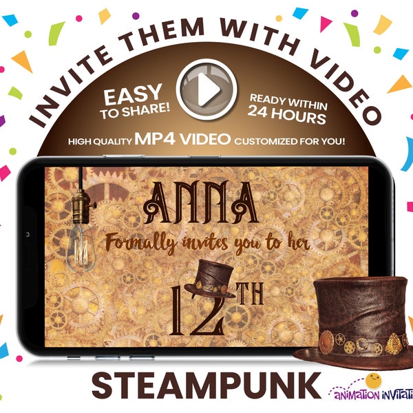 Steampunk Video Invitation | Steampunk Party Invitation | Steampunk Birthday Invitation | Cosplay Party, Vintage Gears Top Hat Costume Party