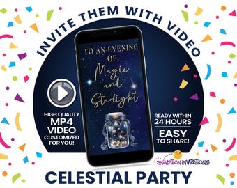 Convite de vídeo de aniversário celestial • Convite para festa do zodíaco com estrelas • Aniversário escrito nas estrelas • Astrologia azul marinho e dourada MP4 para texto/e-mail