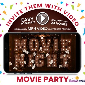 May include: A digital invitation for a movie night party. The invitation features a video of a movie theater marquee with the words "MOVIE NIGHT" in lights. The video is surrounded by confetti and the text "INVITE THEM WITH VIDEO" in a circle.