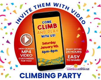 Convite em vídeo para escalada - Cores primárias - Convite para festa de academia de escalada para meninos - Texto ou e-mail - Convite digital de aniversário MP4