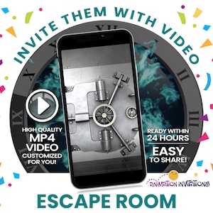 Escape Room Birthday Video Invitation for Girls or Boys. 3D Vault + Ticking Clock. Digital MP4 Mystery Party Invite or Bank Heist Game Theme