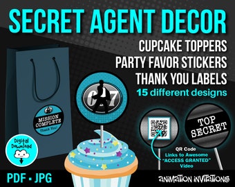 007 Spy Birthday Party Decor | Secret Agent Cupcake Toppers  | Spy Party Favor Tags | Thank You Labels Party Favor | 007 Spy Stickers
