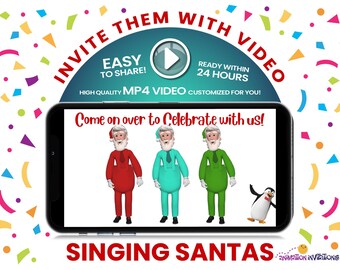 Singing Santas Christmas Party Invitation – Dancing Santa and Penguin Holiday Invite – Animated Digital MP4 Video to Text