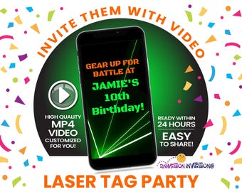 Convite de Laser Tag em Vídeo – Luzes de Laser Neon Verde e Laranja | Convite Digital MP4 para Festa de Aniversário de Menino ou Menina Local para Laser Tag