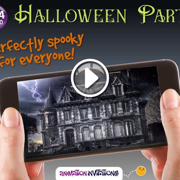 Haunted Halloween Party Einladung | Blitz, Geisterhaus, Geister | Halloween Party Video Einladung | Gruselige digitale Einladung