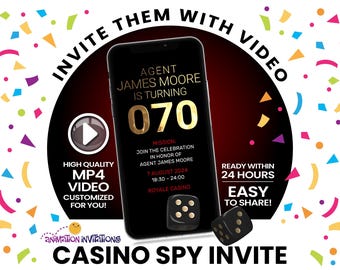 Convite em vídeo para festa de espionagem no cassino | Tema Agente Secreto Royale — Convite digital MP4 elegante em dourado e preto | Noite no cassino, aniversários importantes