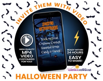 Halloween Party Video Invitation with Haunted House, Lightning, Bats & Pumpkins. Spooky Animated Digital MP4 Invite for Kids Teens or Adults