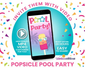 Convite em vídeo para festa na piscina com picolé e sorvete | Convite de aniversário de verão para duas crianças | Meninas tropicais em MP4. Desenhos animados fofos + foto