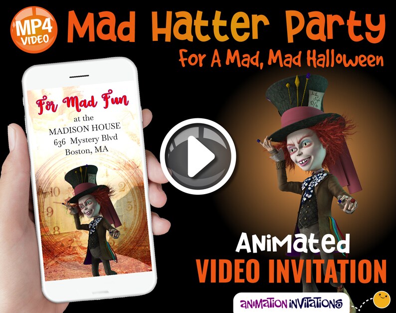 Mad Hatter Halloween Party Invitation Mad Wonderland Halloween Invitation Rabbit Hole Queen of Hearts White Rabbit Video