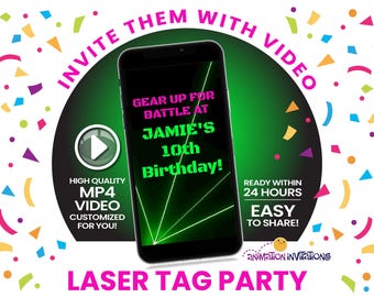 Convite de vídeo com laser tag – Luzes de neon verde e rosa | Convite digital MP4 para festa de aniversário de menina | Festa com neon ou luz negra