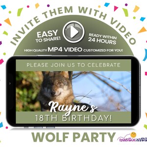 May include: A green and white digital invitation with confetti in the background. The invitation is for Rayne's 18th birthday party. The invitation says "Invite them with video" and "Please join us to celebrate Rayne's 18th birthday! Wolf Party". The invitation also says "Easy to share! High quality MP4 video customized for you! Ready within 24 hours".