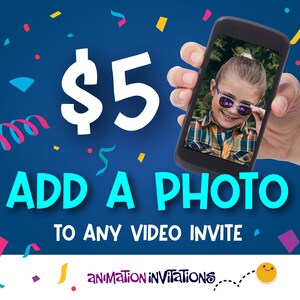 Pode incluir: Um gráfico azul e branco com confete e o texto "5€ Adicionar uma foto a qualquer convite de vídeo" e o logotipo "Animation Invitations".