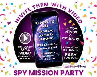 Convite em vídeo espião com narração – Festa de aniversário com missão personalizada em MP4 para crianças e adolescentes! Tema Agente Secreto ou Escape Room • Azul e Roxo