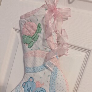 Christmas Stocking Vintage Upcycle Baby Boy Girl Vintage Quilt Embroidered Cat Turtle Elephant Bear Blue Pink Green