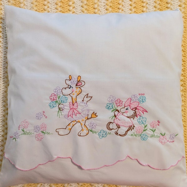 Embroidered Mother Goose Nursery Pillow From Vintage Linens Dresser Scarf Crib Sheet Baby Child's Room Toddler Bed