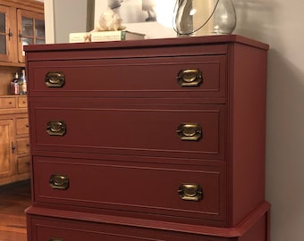 SOLD - Vintage Mahogany refinished 5 drawer highboy dresser Tuscan Red