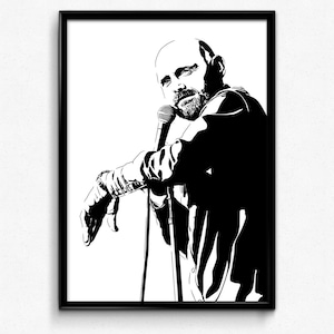 May include: Black and white framed print of a man with a microphone. The image is a stylized illustration, with the man's face and upper body in sharp contrast against a white background. The man is leaning on the microphone stand, with his arm resting on it.