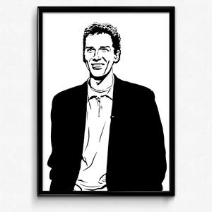May include: Black and white portrait art print of a smiling person wearing a blazer over a collared shirt. The artwork is a minimalist style, framed in a black border, and set against a white background.