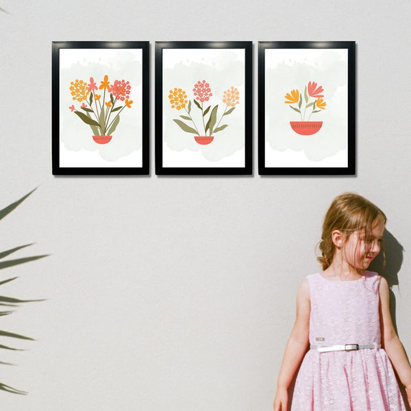 Set of 3 Wildflower Prints - Neutral Muted Colors - Watercolor Artful Wall Decor - Digital Download - Printable - A4 Size - Instant Download