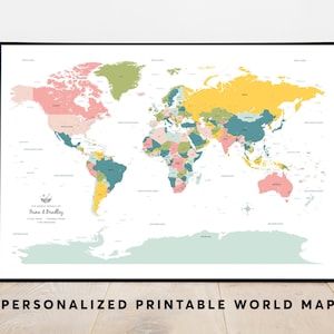 Carte du monde de voyage personnalisée | Carte à broches push détaillée imprimable | Grande affiche de 36 x 24 pouces | Affiche de décoration intérieure | Cadeau