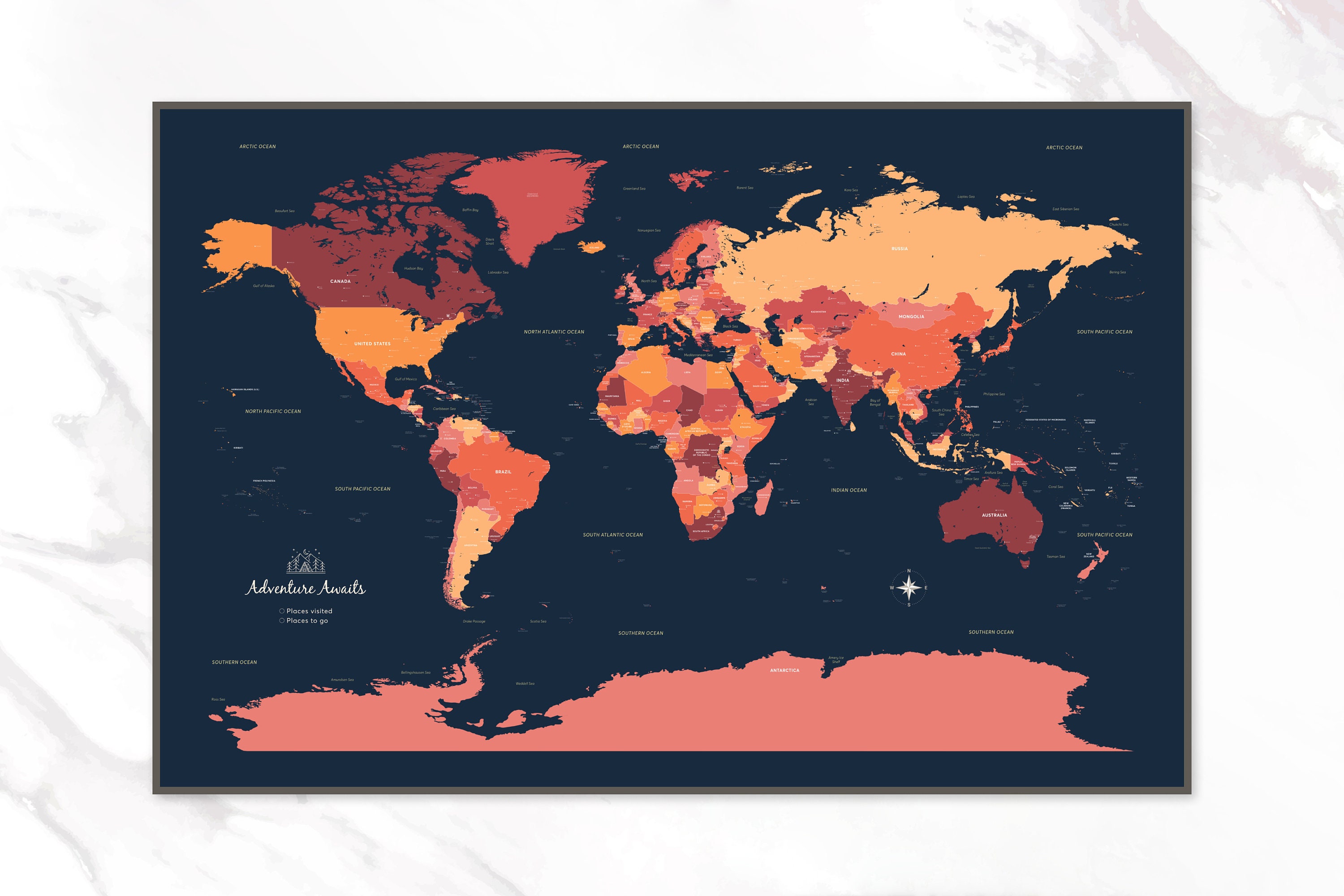 Printable Travel World Map in Red Yellow Navy Dark Detailed Push Pin Map Large 36 X 24 Inches ...