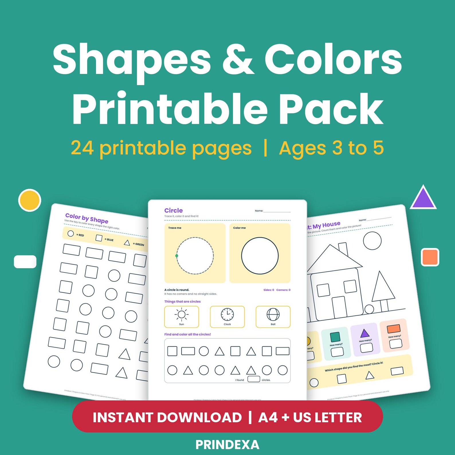 Shapes & Colors Printable Pack, Preschool Shape Worksheets, Color ...