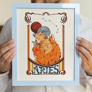 Stampa artistica con lo zodiaco Ariete - Regalo di compleanno astrologico - Poster Art Nouveau con ariete e costellazione