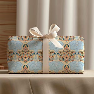 Papel de regalo bohemio con flores y cachemira, diseño maximalista primaveral, papel de regalo satinado azul mate, papel artístico original de verano, manualidades con decoupage, bricolaje
