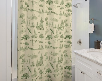 Retro Beach Toile Shower Curtain, Hand-Drawn 50s Scenes, Maximalist Bathroom Decor, Green Cottage & Grannycore Bath Linens