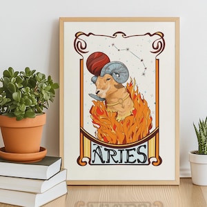 Stampa artistica con il segno zodiacale dell'Ariete - Opera d'arte originale - Regalo di compleanno astrologico - Poster Art Nouveau con Ariete e costellazioni - Festa della mamma