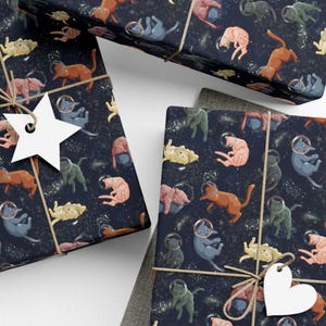 Cats in Space Gift Wrap, Moody Cat Astronauts Wrapping Paper for Cat Moms & Dads, NASA Outer Space Themed Gift Wrap Roll