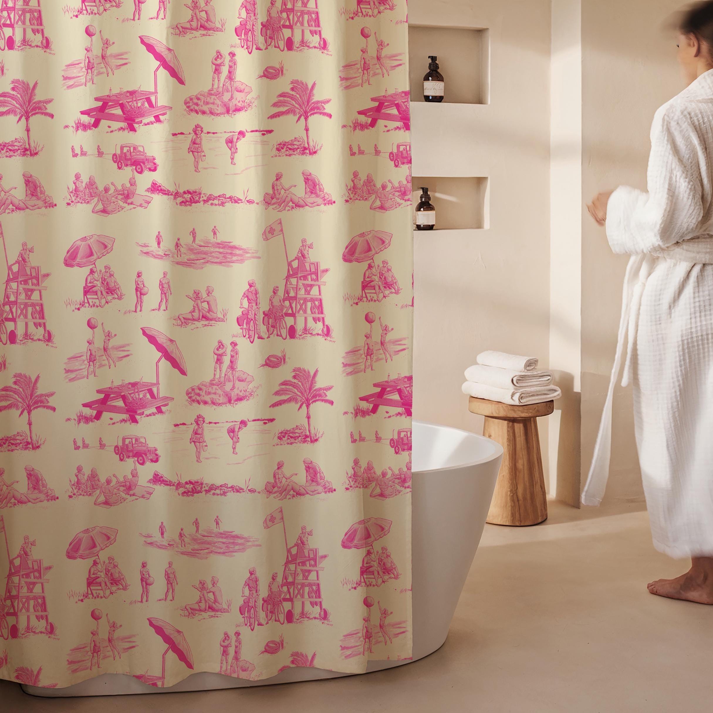 Retro Beach Toile Shower Curtain, Hand-drawn 50s Scenes, Maximalist Bathroom Decor, Pink Coastal Cowgirl, Grannycore Bath Linens