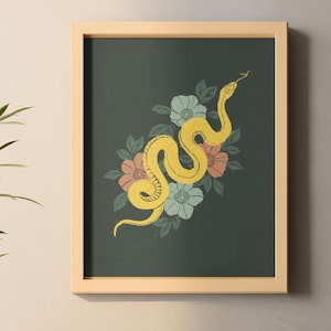 Snake and Flowers Linocut Art Print - Year of the Snake Block Print - Witchy Serpent Wall Decor - Nature Lover Floral Gift