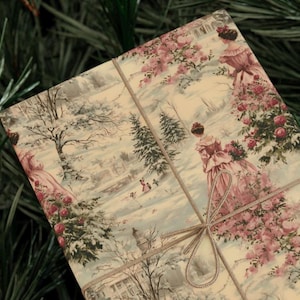 Carta da regalo natalizia vittoriana, carta da regalo in tela rosa, estetica femminile in stile rustico, decorazioni tradizionali per le feste, carta natalizia pastello