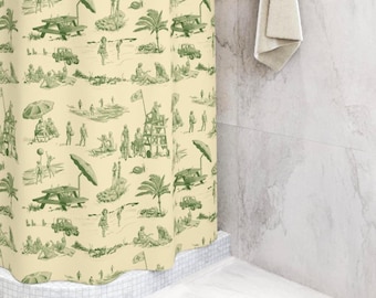 Retro Beach Toile Shower Curtain, Hand-Drawn 50s Scenes, Maximalist Bathroom Decor, Green Cottage & Grannycore Bath Linens