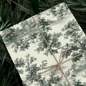 Rotolo di carta da regalo Toile de Jouy verde foresta, carta da regalo natalizia Cottagecore, stile vintage da fattoria, decorazione natalizia in stile antico