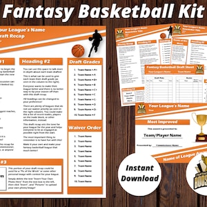 May include: A printable fantasy basketball kit with an orange and black colour scheme. The kit includes a draft recap sheet, a draft grade sheet, a waiver order sheet, a draft sheet, and an award certificate. The kit is designed for a fantasy basketball league.
