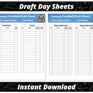 May include: Printable fantasy football draft sheet with sections for draft picks, roster, and player watch list. The sheet has a blue and white background with the word "BOOSTERS" in a black box.