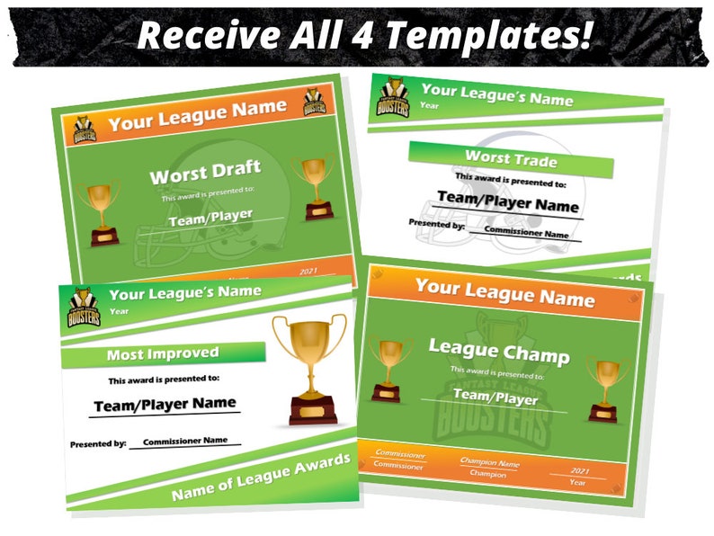 Fantasy Football Certificates League Awards Draft Party Digital