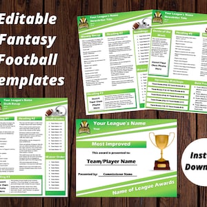 May include: Editable fantasy football templates with green and white color scheme. The templates include a draft recap, weekly recap, standings, and awards. The templates have placeholders for text and images.