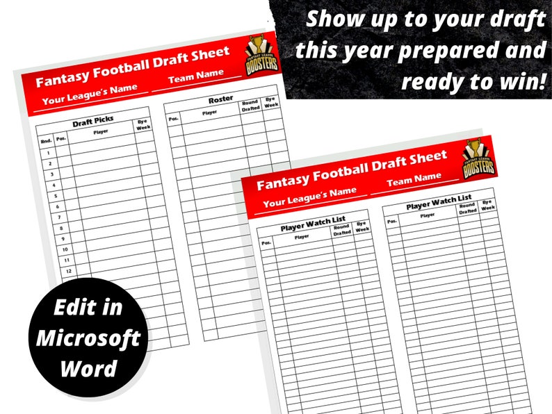 Fantasy Football Draft Sheets | 2024 Season | Microsoft Word Instant ...